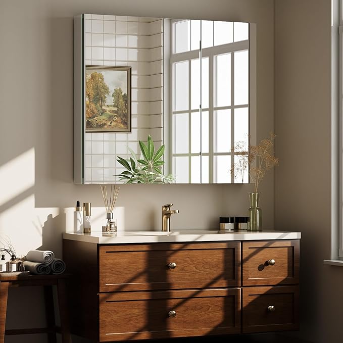 Bathroom Medicine Cabinet with Mirror, 30 Inch x 26 Inch Bathroom Mirror Cabinet with Double Door & Adjustable Shelves, Surface Mount or Recess Installation