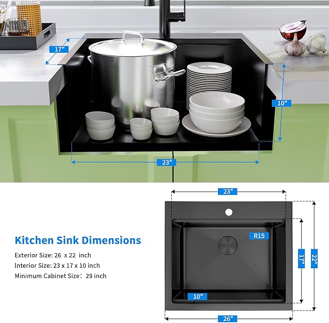 Drop In Black Kitchen Sink,Stainless Steel Sink 16 Gauge,Single Bowl Workstation Sinks (Black, 26" X 22")