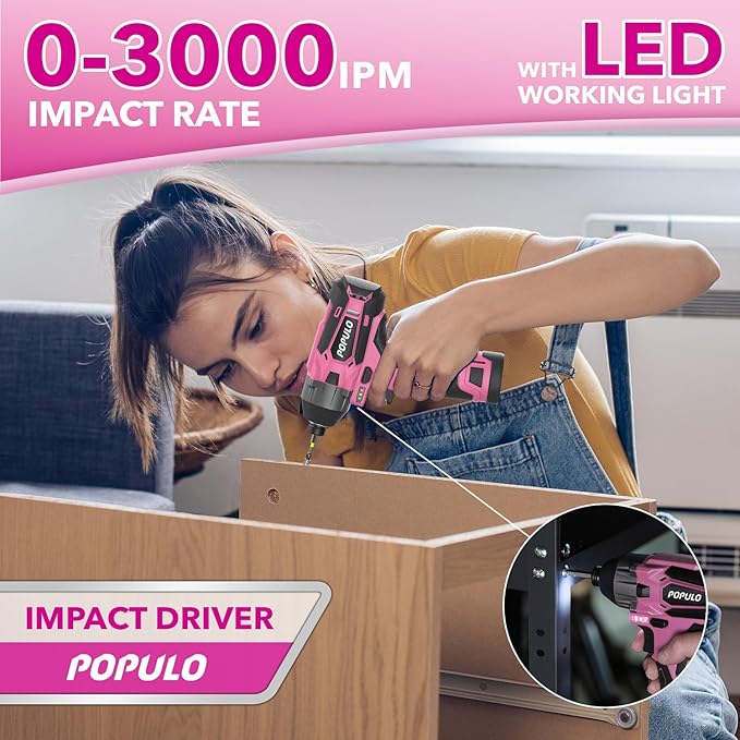 Pink Household Power Tool Combo for Women(3-Tool), 12V Lightweight Cordless Drill with Battery x2, Impact Driver and Rotary Tool Kit-Home Tool Kit for DIY, Home Improvement