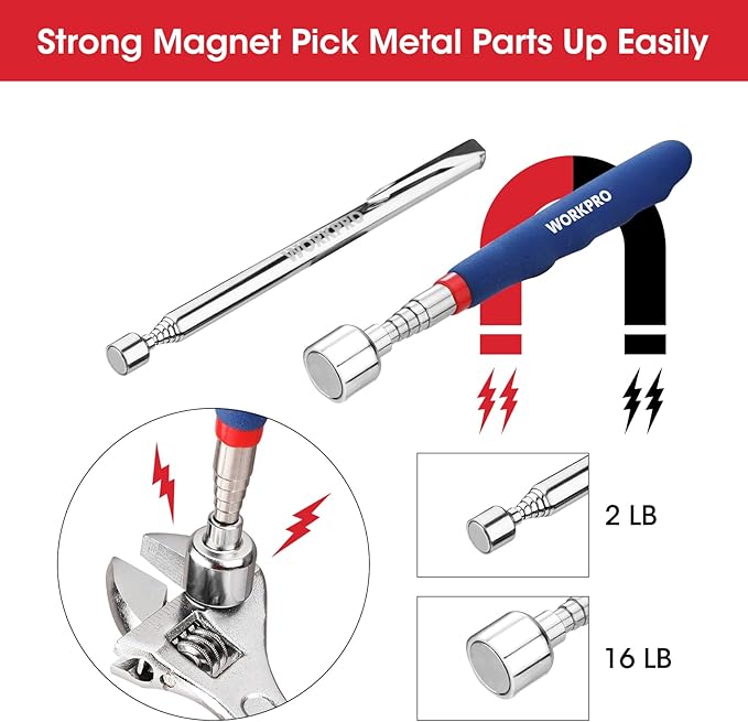 WORKPRO 4PC Telescoping Magnetic Pick Up Tool Kit, Includes Telescoping Inspection Mirror, 2PC Magnetic Pick Up Tool And Four Claw Grabber Tool, Pick Up Grab Tool Set For Auto Repair