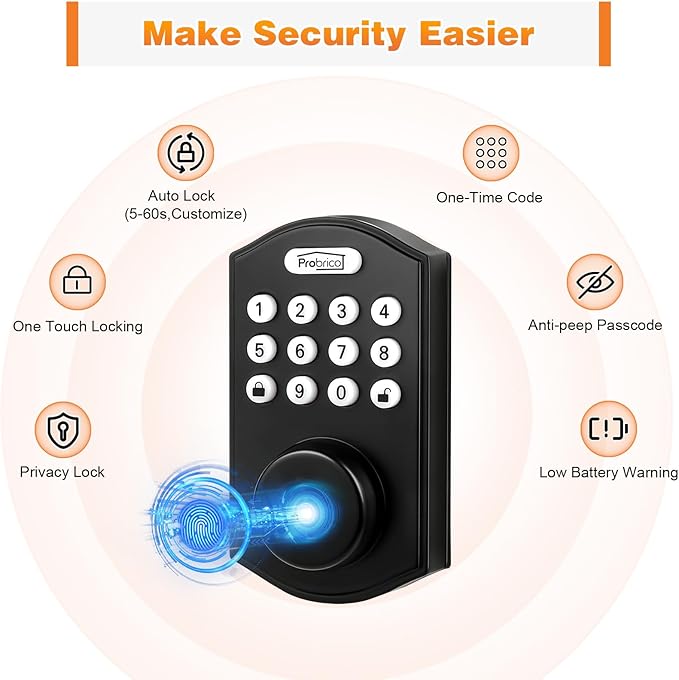 Probrico Fingerprint Smart Door Lock, Electronic Keypad Deadbolt Lock, Keyless Entry Smart Deadbolt Lock for Front Door, APP Control, Auto Lock, Black