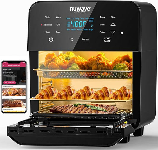 Nuwave Brio 15.5Qt Air Fryer Rotisserie Oven, X-Large Family Size, Powerful 1800W, 4 Rack Positions, 50°-425°F Temp Controls, 100 Presets & 50 Memory, Integrated Smart Thermometer, Linear T Technology