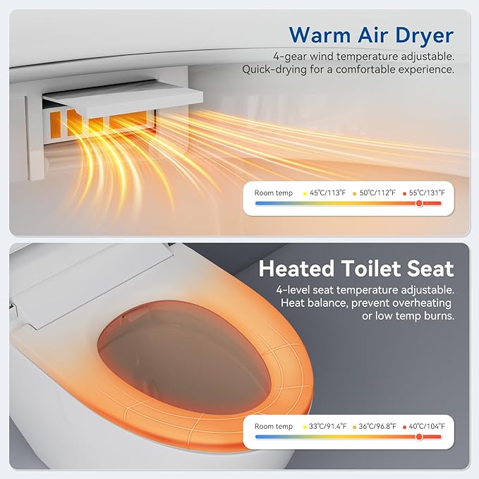 Smart Toilet with Bidet Built In, Elongated Heated Seat, Warm Water & Dryer, One Piece Bidet for Bathrooms, Modern Smart Toilet with Auto Flush, Night Light, LED Display, and Remote Control