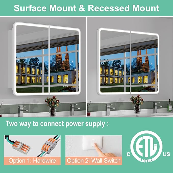 32x30 Inch Medicine Cabinet with Mirror, Recessed or Surface Mount Bathroom Medicine Cabinet with LED Lights, Anti-Fog, Memory Function, Adjustable Shelf, Dimmable Light, ETL Listed, White