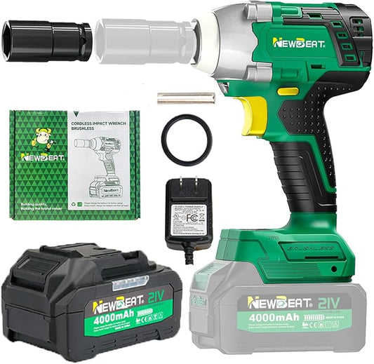 NEWBEAT Cordless Impact Wrench, 21V Brushless 1/2 inch Impact Wrench, Electric Impact Gun, Power Impact Driver with 4.0Ah Battery and Charger, Variable Speeds for Car, Home DIY, Tire Removal Tool