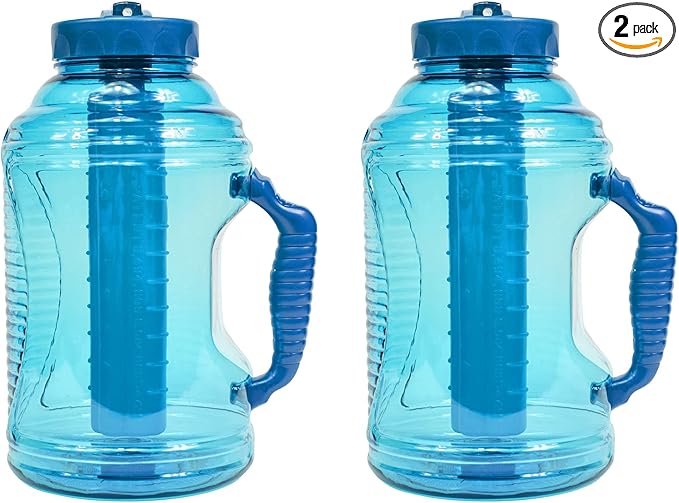 COOL GEAR 2-Pack 80 oz Big Freeze Sports Water Bottle with Freezer Stick and Handle | Hydrating Colored Water Bottle - Blue