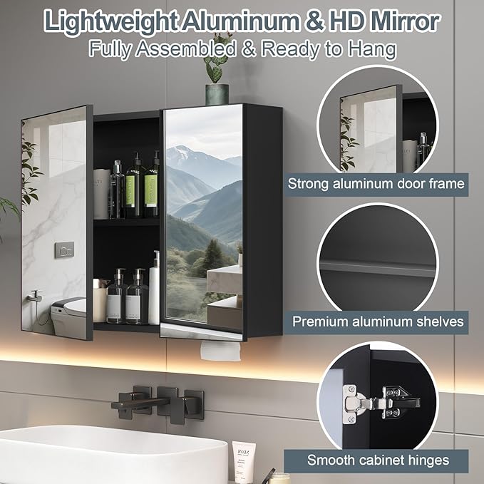 24 x 35.4 inch Bathroom Medicine Cabinet with Mirror, Black Metal Framed Mirror Medicine Cabinet with Storage, Pre-Assemble Medicine Cabinets for Bathroom, Recessed or Surface Mount