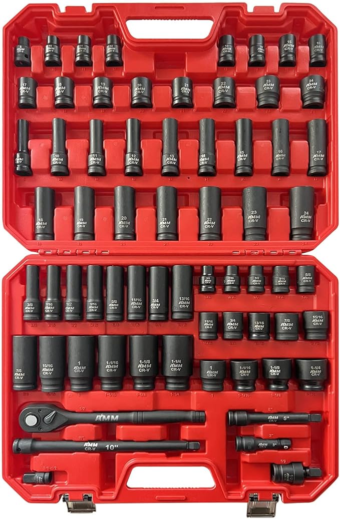 AMM 1/2-inch 66 Pieces Impact Socket Master Set, SAE & Metric from 5/16"-1-1/4",8-24mm, Shallow/Deep Socket Set with Ratched Hand, Extension Bar and Adapters，Cr-V steel