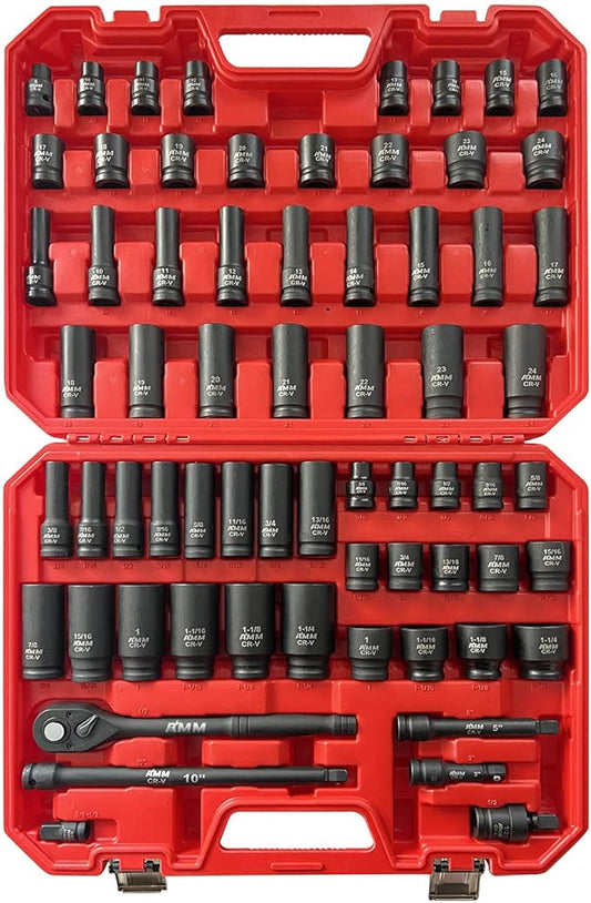 AMM 1/2-inch 66 Pieces Impact Socket Master Set, SAE & Metric from 5/16"-1-1/4",8-24mm, Shallow/Deep Socket Set with Ratched Hand, Extension Bar and Adapters，Cr-V steel