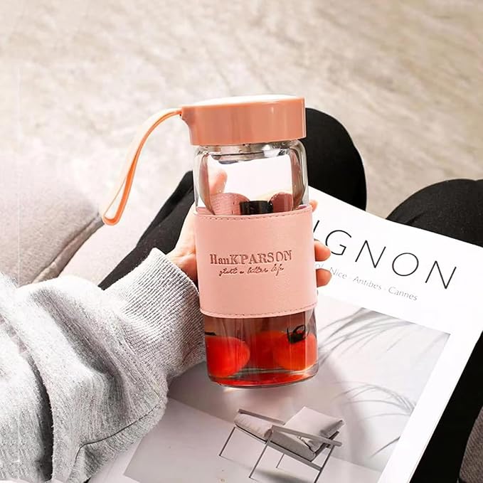 Glass Water Bottles 16 Oz Borosilicate water bottle-with sealing cap and Holsters and filters - BPA free,Men and Women Portable Glass Bottle (Pink+Blue)