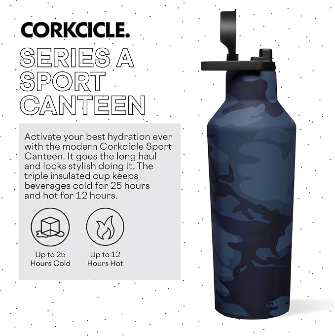 Corkcicle Insulated Canteen Travel Water Bottle, Triple Insulated Stainless Steel, Easy Grip Quick Sip Cap, Keeps Beverages Cold for 25 Hours or Warm for 12 Hours, 32oz, Navy Camo
