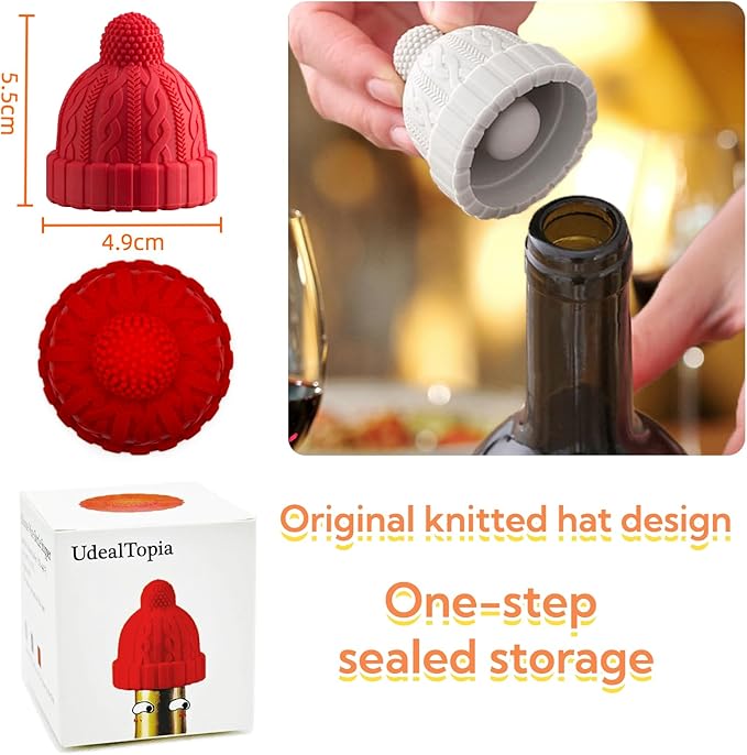 Silicone Wine Bottle Stopper, Reusable Wine Saver to Keep Wine Sealed/Fresh, Fun Wine Stoppers with Knitted Hat Design, Great Choices for Wine Lovers - Standard Bottles Are Applicable(Red)