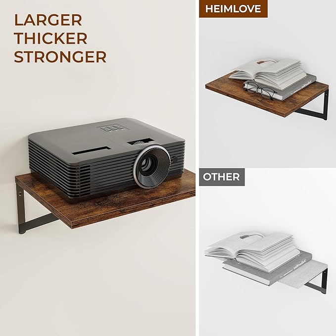 Heimlove 24" W x 12" D Wall Shelves for Books, 12 Inch Deep Floating Shelves Set of 3, Wide Floating Bookshelf with Metal Bracket for Living Room, Kitchen, Office, Bedroom and Decor - Rustic Brown