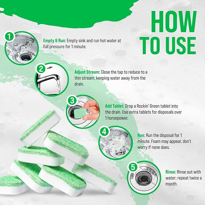 Rockin' Green Deep Cleaning and Deodorizing Tablets for Dishwashers, Washing Machines, and Garbage Disposals, Removes Odor and Residue (Garbage Disposal Cleaning Tablets, 8 Pack)
