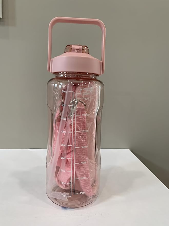 Motivational Water Bottle, Insulated Storage Sleeve, Carrying Strap, Pop Up Straw Pink