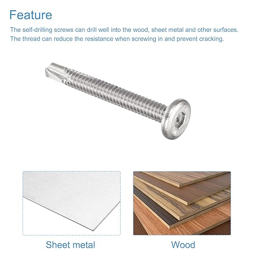 uxcell Hex Socket Self Tapping Screws, #10 x 1-3/4" 410 Stainless Steel Sheet Metal Flat Head Drilling Screw 50pcs, Silver