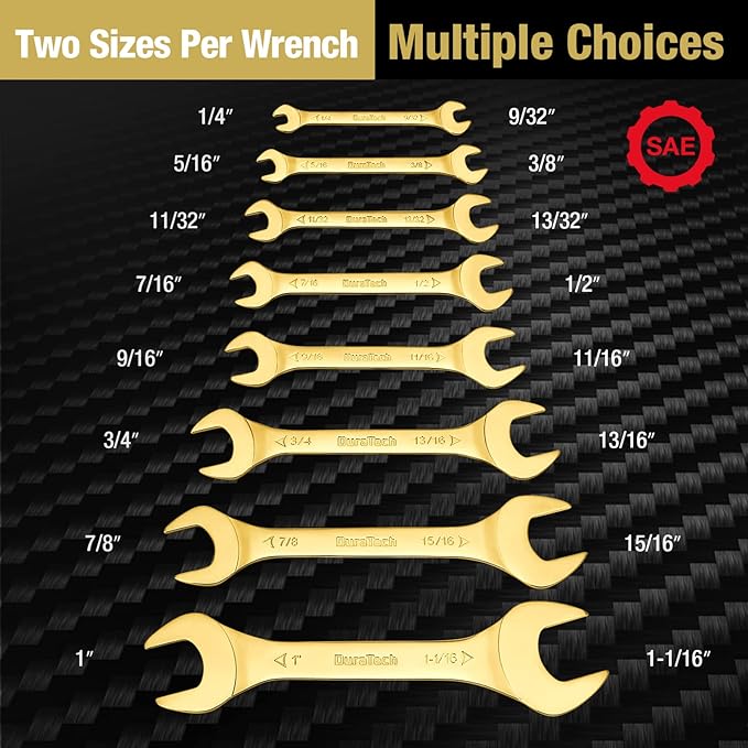 DURATECH Super-Thin Open End Wrench Set, SAE, 8-Piece, 1/4" to 1-1/16", Titanium Plating, with Rolling Pouch