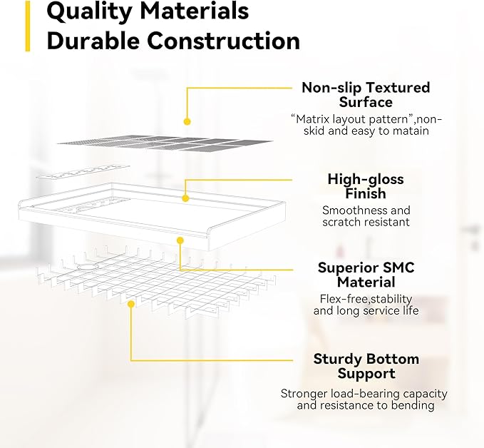 Sunrosa Shower Base 48"×36"×4", Single Threshold Shower Bases with Left Drain, Rectangle Solid Surface White Shower Pan, Slip Resistant Textured Surface, Include Stainless Steel Chrome Cover