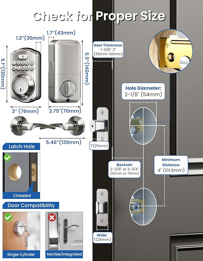 Veise Keyless Entry Door Lock with 2 Lever Handles - Electronic Keypad Deadbolt, Easy Installation Digital Smart Front Door Lock Set, Satin Nickel