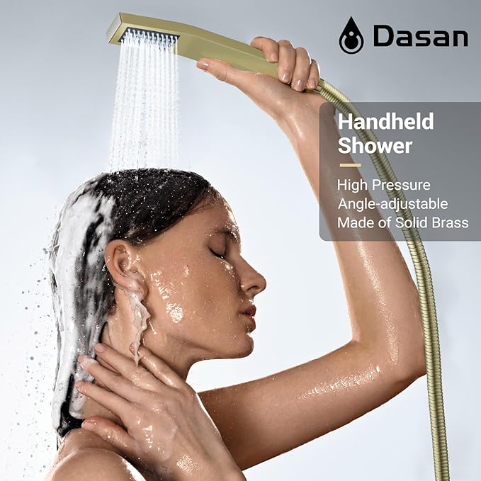 Brushed Gold Shower System with 4 PCS Shower Body Spray Jets & 12’’ Ceiling Shower Head & Handheld Spray, DASAN Full Body Shower Faucet System with Jets Rainfall Shower Combo Set, SA-SS03BBG-S12C