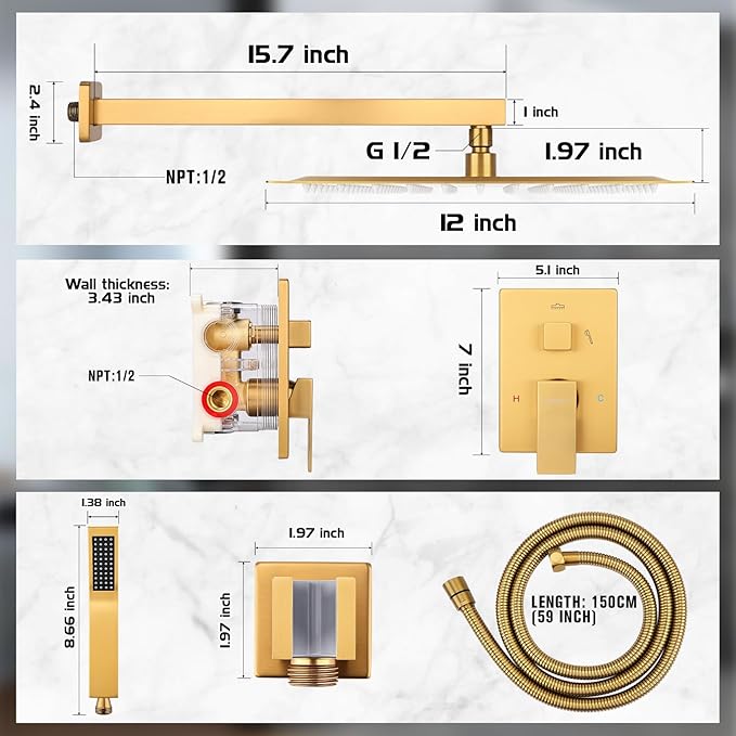 12 Inch Rainfall Shower System - Wall Mounted Complete Combo with Solid Brass Pressure Balancing Valve, High Pressure Shower Head, Handle Set & Installation Accessories Brushed Gold
