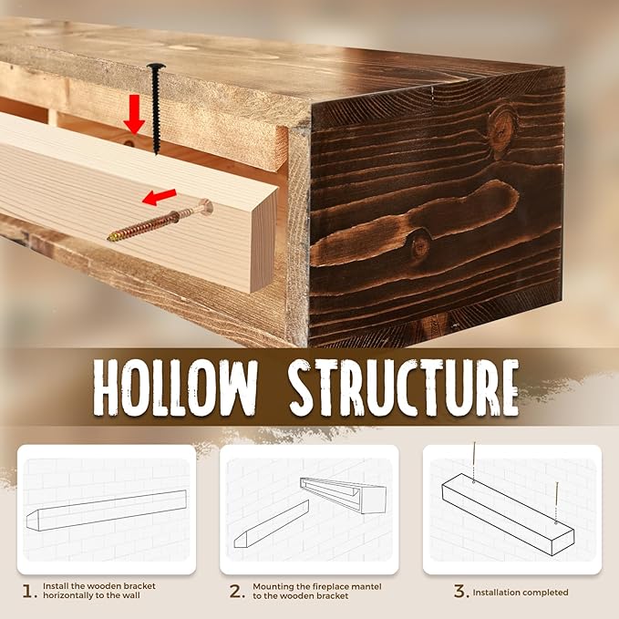 72x8x5 Fireplace Mantel - Handcrafted Hollow Rustic Solid Wood Wall Mounted Floating Shelf with Invisible Heavy Duty Wood Bracket (Weathered Brown)
