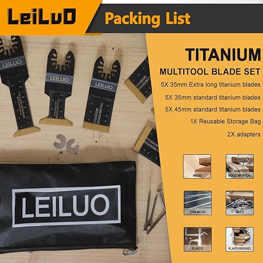 LEILUO 10 Pcs Titanium Multitool Blade Kits for Wood Nails Drywall Cutting Oscillating Saw Blades Universal Oscillating Tool Accessories with Storage Bag Compatible with DeWalt Makita Dremel and More