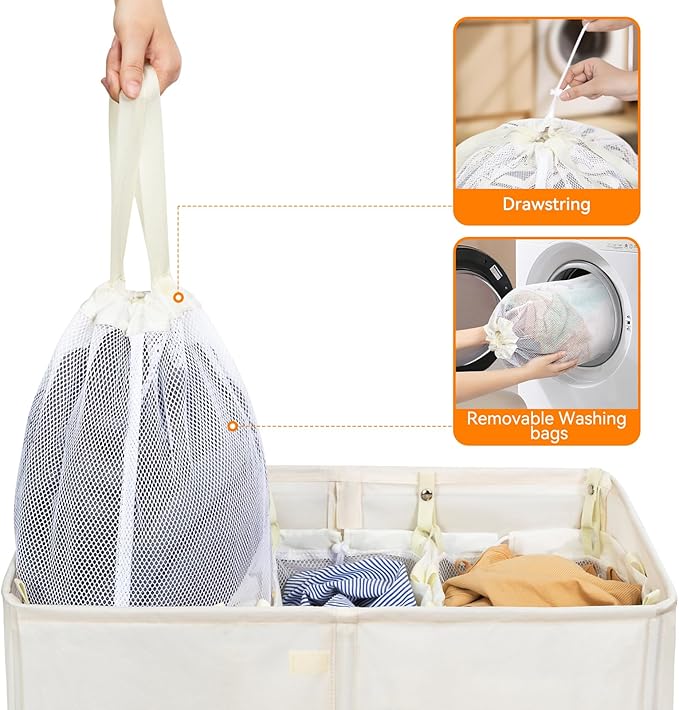 WOWLIVE Laundry Hamper with Lid,160L Large Laundry Basket 3 Section with Removable Washing Bags,Collapsible Waterproof Dirty Clothes Hamper for Laundry Room Bathroom Dorm,Beige