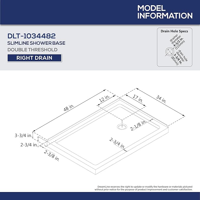 DreamLine SlimLine 34 in. D x 48 in. W x 2 3/4 in. H Right Drain Double Threshold Shower Base in White, DLT-1034482