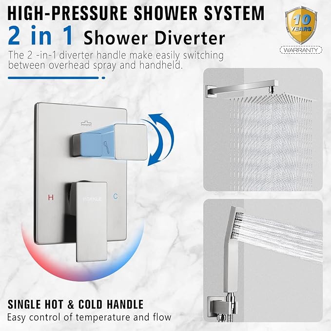 12 Inch Rainfall Shower System - Wall Mounted Complete Combo with Solid Brass Pressure Balancing Valve, High Pressure Shower Head, Handle Set & Installation Accessories Nickel
