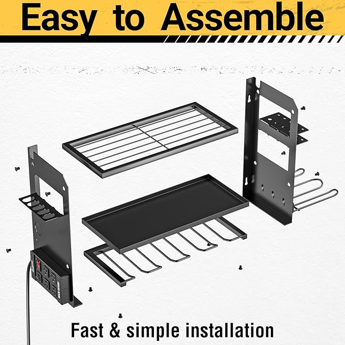 YYR Power Tool Organizer Wall Mount with Charging Station, Cordless Tools Hanger and Battery Storage Rack for Garage Organization, Heavy Duty Drill Holder Shelf Build in Metal Power Strip - Black
