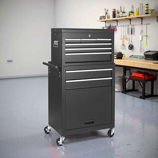 Tool Chest 8 Drawers Garage Storage Cabinet 2 in 1 Steel Frame Tool Chest with Wheels, Liner, Detachable Top, Lockable Wheels and Side Hooks for Garage, Black