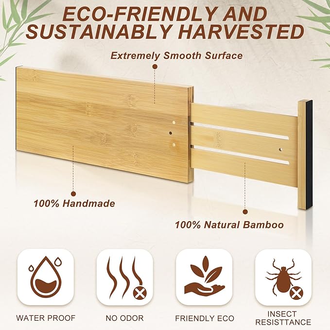 4 Pcs Deep Bamboo Drawer Dividers, Deep Kitchen Dresser Drawer Organizer with Spring Loaded for Clothes, Adjustable Expandable from 15-22 Inch(6 Inch,Wood Color)