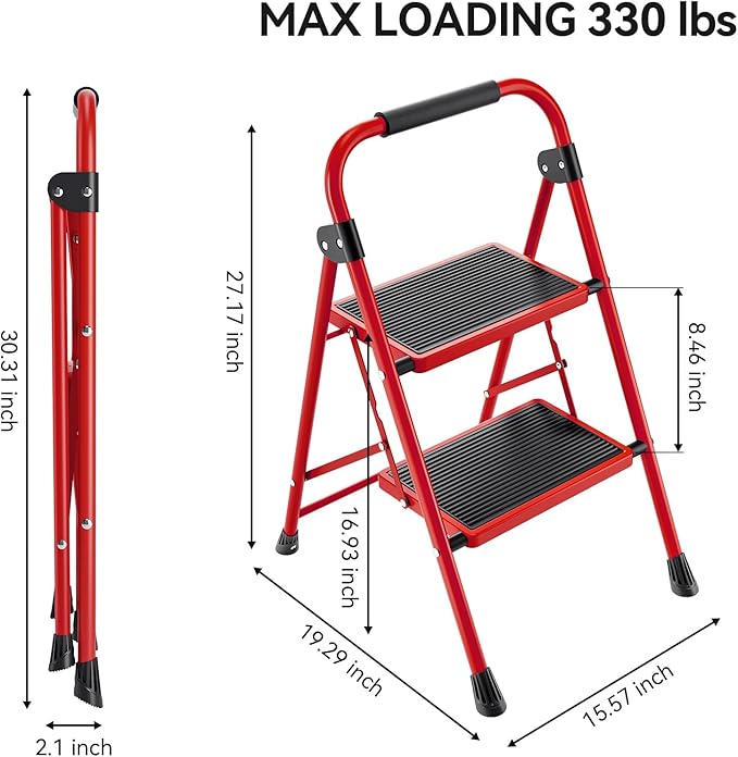KINGRACK 2 Step Ladder, 2 Step Folding,Kitchen Ladder with Anti-Slip and Wide Pedal,Small Step Ladder with Handrails,Lightweight Portable Step Ladder for Kitchen Household,Red