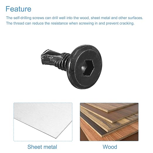 uxcell Hex Socket Self Tapping Screws, #10 x 5/8" 410 Stainless Steel Sheet Metal Flat Head Drilling Screw 50pcs, Black