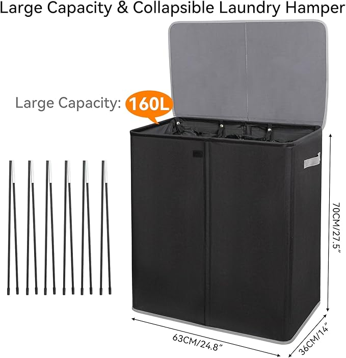 WOWLIVE Laundry Hamper with Lid,160L Large Laundry Basket 3 Section with Removable Washing Bags,Collapsible Waterproof Dirty Clothes Hamper for Laundry Room Bathroom Dorm,Black