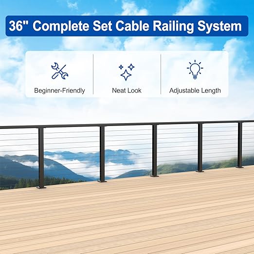4.5FT Complete Set 36" Black Cable Railing Post Kit with Handrail Length Adjustable, 2pc Surface Mount Pre-Drilled Level Posts, Swageless Cable Railing System Kit, 150FT 1/8" Wire Rope,MY20-LP