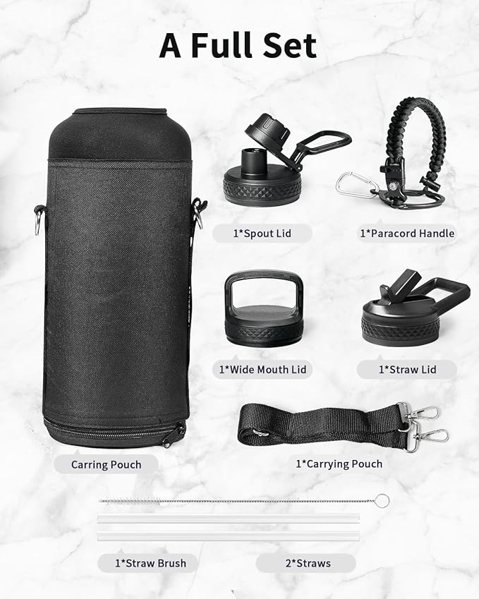 Trebo Water Bottle 87oz with Paracord Handle, Half Gallon Food-grade Double Wall Vacuum Stainless Steel Insulated Jug with Straw Spout Handle Lids, Leakproof Keep Cold & Hot,Black