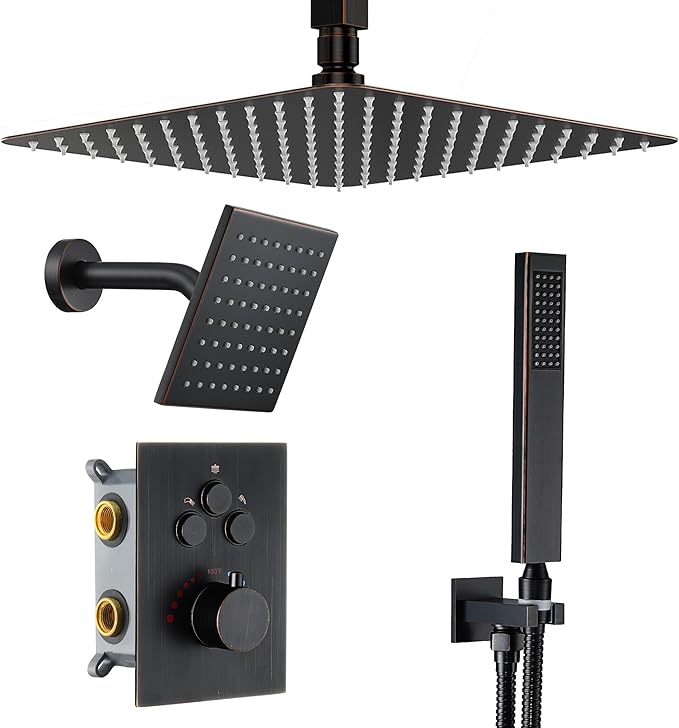 Oil Rubbed Bronze Thermostatic Shower System with Ceiling 12 Inch Rainfall Shower & Wall Mount 6-Inch High Pressure Shower Head, Dual Shower Heads Set with Handheld Sprayer, Shower Faucet