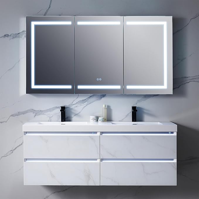 Blossom 60-Inch LED Lighted Mirror Medicine Cabinet | Recessed or Surface Mount Bathroom Cabinet | One Touch Built-in Defogger | Dimmer | Makeup Mirror | 3 Adjustable Glass Shelves