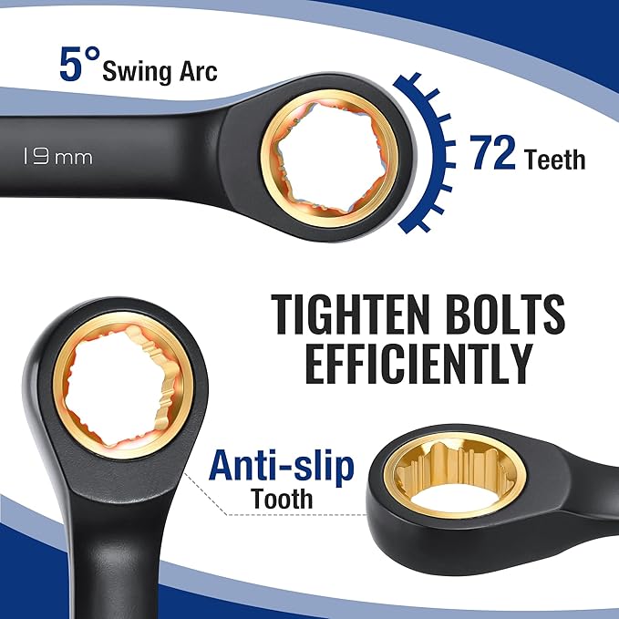 WORKPRO 9-Piece Anti-Slip Ratcheting Combination Wrench Set, Metric 8-19 mm, 72-Teeth, Cr-V Constructed, Black Ratchet Wrenches Set with Roll Up Pouch