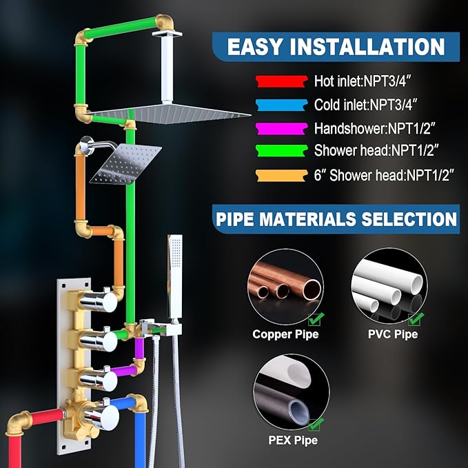 Enga Thermostatic Dual Head Shower System, 16 Inch Ceiling Mount Shower Head with 6 Inch Wall Mount Shower Head Shower Faucet Set, All Functions Can Operate Simultaneously, Chrome