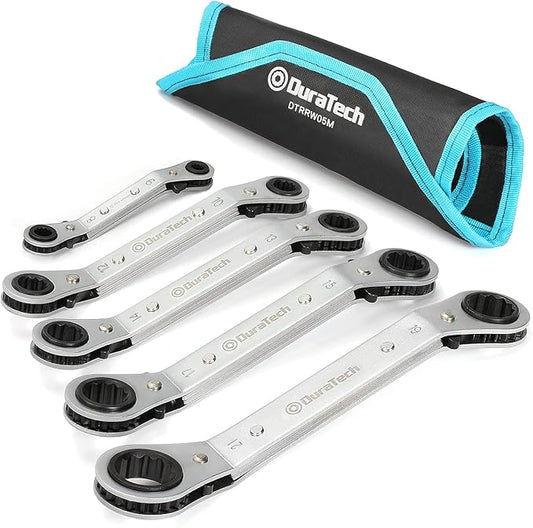 DURATECH 5 Pc Double Offset Box End Reversible Ratcheting Wrench Set Metric, Heavy-duty, Matte Chrome Plated, Ratchet Spanner Crooked for Narrow Spaces (6x8 mm, 10x12 mm, 13x14 mm, 15x17 mm, 19x21 mm)