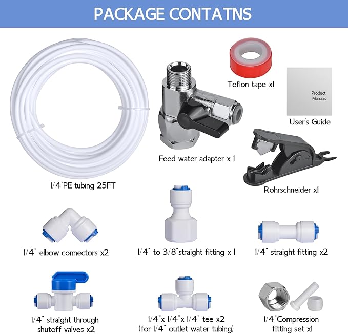 32.8ft Refrigerator Water Line Kit, 1/4 Compression Ice Maker Installation Kit, 1/4" OD Water Line Kit with Quick Connect and Feed Water Adapter Fittings for RO System Water Filter Fridge Ice Maker