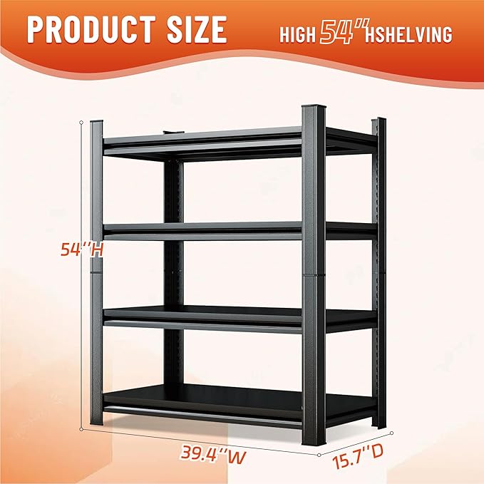Heavy Duty 4-Tier Steel Shelving Unit, 2000LB Capacity Adjustable Storage Rack for Garage, Warehouse & Basement, Easy Tool-Free Assembly（54''H x 39.4W x 15.7''D）