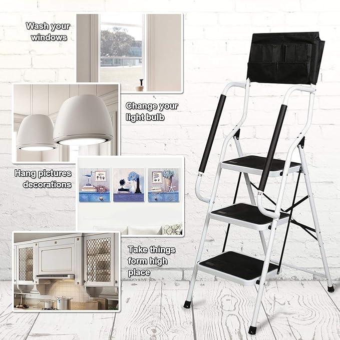 WiberWi 3 Step Ladder with Handrails 500 lb Capacity Step Stool Folding Ladders for Home Kitchen Steel Frame with Safety Side Handrails Non-Slip Wide Pedal Stepladder with Attachable Tool Bag