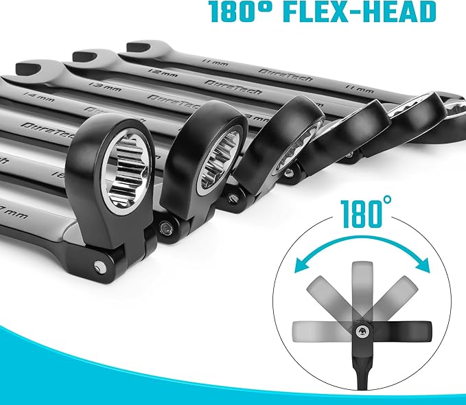 DURATECH 9-Piece Flex-Head Ratcheting Wrench Set, Combination Wrench Set, 72 Tooth, Metric, 8, 10, 11, 12, 13, 14, 15, 16, 17mm, Black Electrophoretic Coating, CR-V Steel, with Rolling Pouch