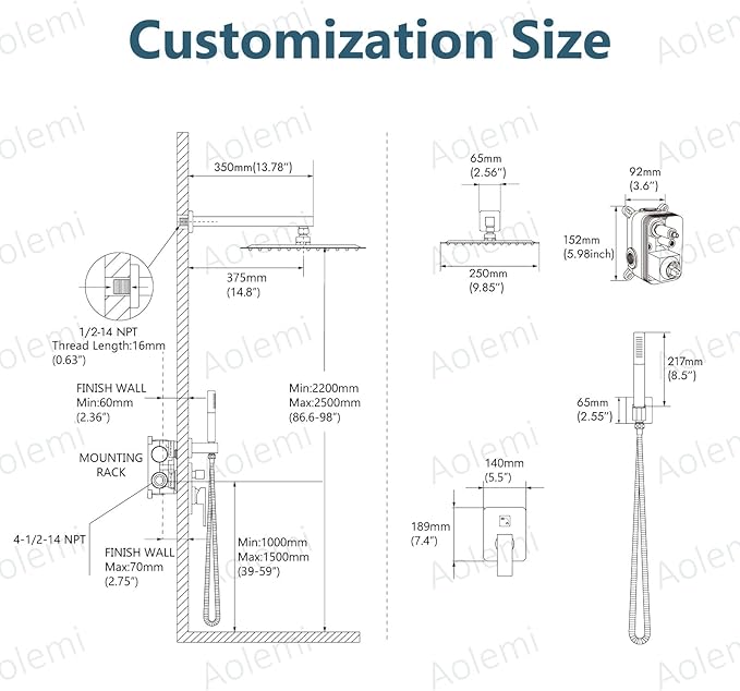 Aolemi Shower System with Rainfall Shower Head and Handheld Wall Mount,High Pressure Shower Faucet Set Fixture Combo with 2 in 1 Handheld Spray Rough-in Valve,10 Inch Shower Head Brushed Gold