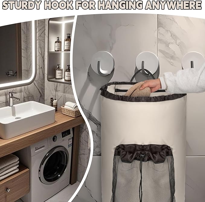 Laundry Bag Backpack with Shoulder Straps and Mesh Pocket Foldable Laundry Hamper for College, Apartment, Laundromat (Grey)