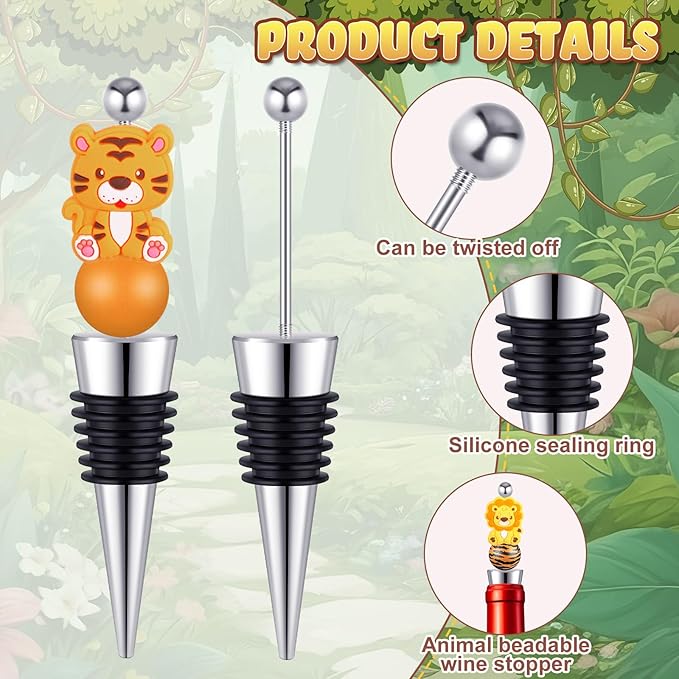 Gisafai 60 Pcs Beadable Wine Stoppers Bulk Include Beadable Bottle Stoppers Silicone Reusable Wine Saver Corks with Bags Labels Ropes for Baby Shower Gifts DIY Safari Jungle Animal Party Bar